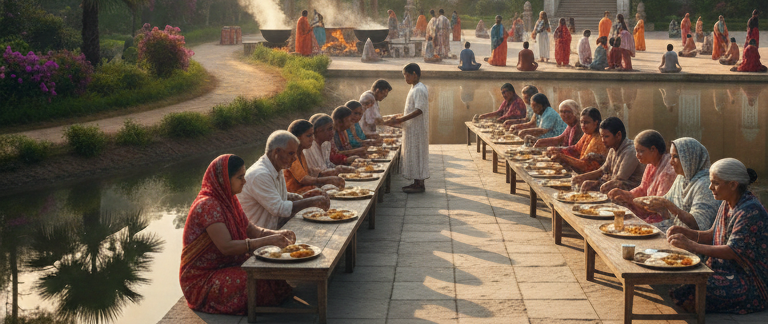 Serving food at a community kitchen